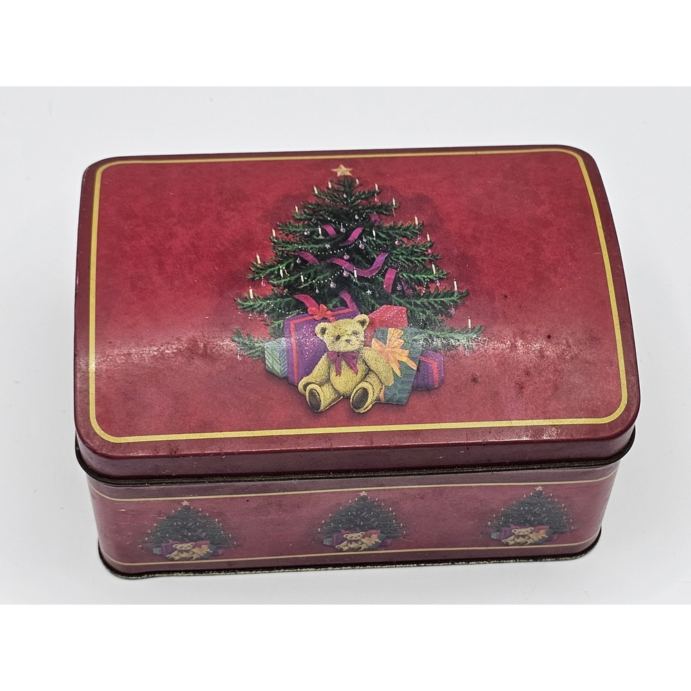 Vintage Christmas Tree Teddy Bear Metal Gift Tin Red Holiday Storage Box